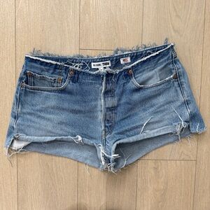 Re/Done Frayed Blue Jean Shorts